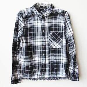 Derek Heart Girls Black Fringed Frayed Plaid Flannel Button Front Shirt L